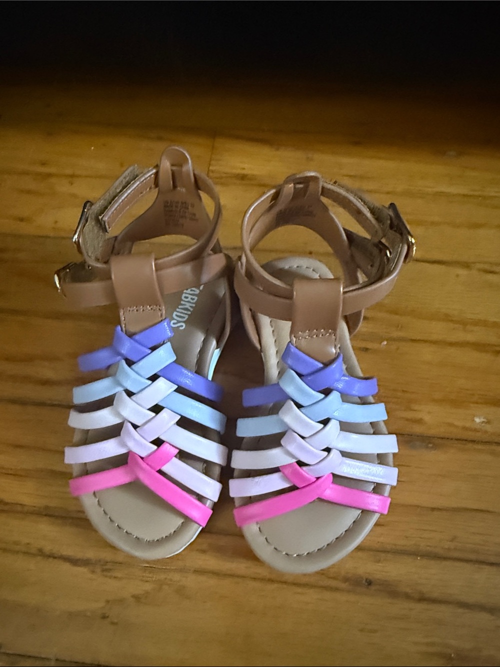 fabkids Tan Gladiator Sandals with Pink, Purple, Blue & White Straps